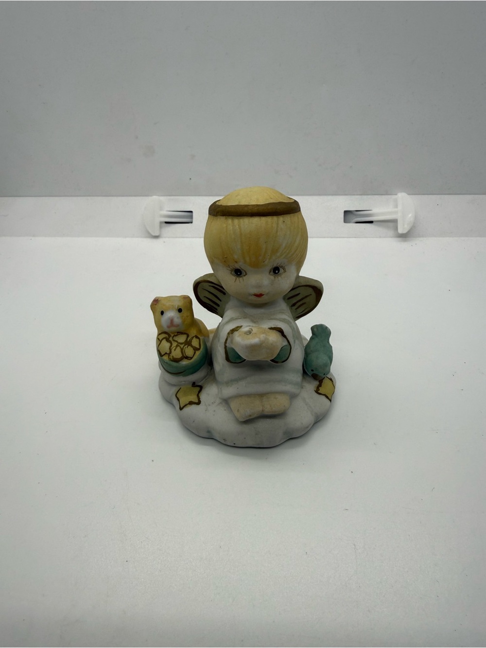 Vintage Made in China Ceramic Angel Candle Holder Figurine w/ Bird & Lamb Sheep